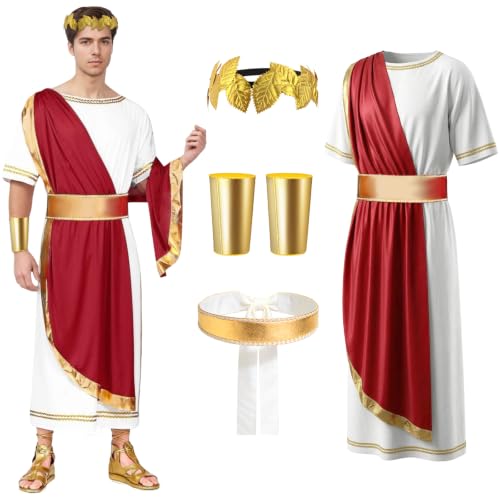 Römischer Kostüm für Herren, Griechischer Kostüm Herren mit Römischer Toga, Osmanthus Haarreif, Schultergurt, Armband, Faschingskostüme Männer, Kostüm für Erwachsene Karneval Halloween (Rot-1, XL)