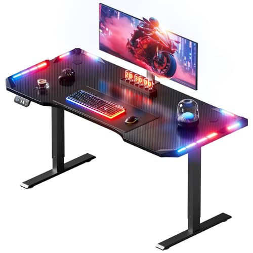 HLONONE Höhenverstellbarer Schreibtisch 120 x 60 cm, Gaming Tisch mit LED, Elektrischer Schreibtisch, Steh-Sitz Tisch mit Kohlefaseroberfläche, Elektrisch Computertisch mit Funktions-Memory, Schwarz