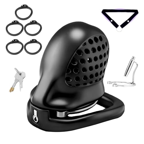 PA Peniskäfig Sex Spielzeug Chastity Cage Männer mit Katheter und 5 Verschiedenen Ringen Cock Cage ist Leicht und Atmungsaktiv Keuschheitskäfig Herren mit Schloss für Penisfesselung (A+Belt)