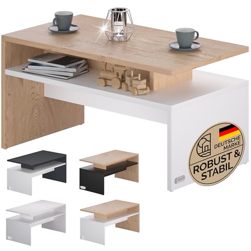 Casaria® Couchtisch Holz Weiß Eiche mit Stauraum 95x55x50cm Wohnzimmertisch Modern Kratzfest 50kg Belastbar Wohnzimmer Beistelltisch für Couch Sofa