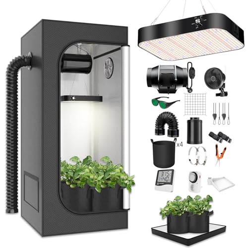 MODVKVK Growzelt Komplettset Grow Tent Kit 100x100x200cm mit 200W LED Vollspektrum Grow Lampe Dimmbar, GrowZelt Kit Komplettes Hydroponics Grow Tent Complete Set