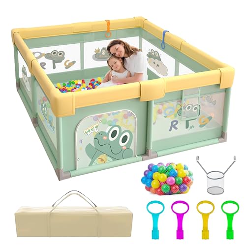 Laufstall Baby, 200x180cm Laufgitter Baby mit Rutschfestem Boden, Stabiler und Sicherer Indoor-Babyspielplatz, Inkl. 60 SeebäLle, 4 Griffe, Playpen, Aufbewahrungstasche, (Krokodil-Muster)