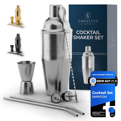 EMPATION Cocktail Shaker, 7-teiliges Cocktail Set - 700 ml Cobbler Shaker aus Edelstahl, minimalistisches Cocktail Zubehör, Bar Set für Anfänger & Profis, Cocktailshaker Set als Präsent geeignet