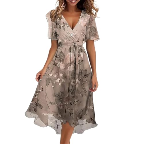 Nuaoxyeu Kurzarm Kleid Damen Sommer Chiffon Strandkleid Damen 2025 Boho Lange Kleid Mit Gürtel Elegant V-Ausschnitt Sommerkleid Sommer Maxi Dress Blumenkleid Abendkleid Angebote des Tages Heute