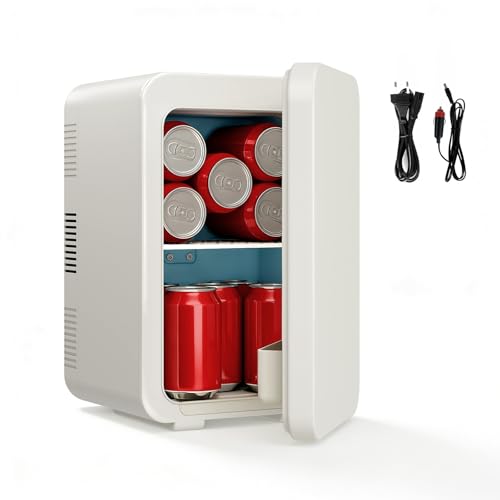 KioGro Mini Kühlschrank,10 Liter/12 Dosen,2 in 1 Kleiner Kühlschrank, Kühl- und Heizfunktion,220V AC/12V DC,Mini-Kühlschränke mit Griff,für Kosmetik und Getränke,für Camping,Schlafzimmer,Büro,Auto