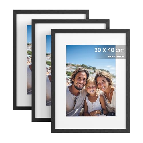 SONGMICS Bilderrahmen 30 x 40 cm, Fotocollage, Kunstrahmen, MDF-Rahmen, spurlose Wandhaken, 3er Set, aufhängen, schwarz RPF057BZ01