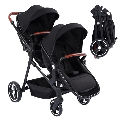 Geschwisterwagen Duo, Zwillingsbuggy für zwei Kinder mit Liegefunktion, Kinderwagen Verstellbare Rückenlehnen, Zusammenklappbar, von der Geburt bis zum 36. Monat