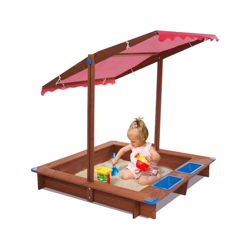 Donened - Sandkasten Sonnendach, Sandkasten aus Massivholz, mit Gewebter Stoff, Bodenmatte, Kinder Sandkasten Outdoor, 126 x 121 x 118cm (Rot)