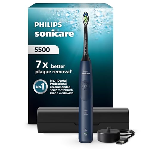Philips Sonicare 5500 elektrische Zahnbürste, Schallzahnbürste mit 2 Putzmodi, Andruckkontrolle, EasyStart, SmarTimer und BrushPacer, Navy, Modell HX7113/01 [Neue Technologie]