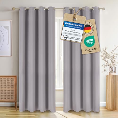 Blumtal Verdunklungsvorhänge 2er Set - Thermovorhang Hitzeschutz - Vorhang Blickdicht mit Ösen - Gardinenschals mit Schlaufen - Lärmschutzvorhang-Gardinen 175x140cm - Vorhänge Grau