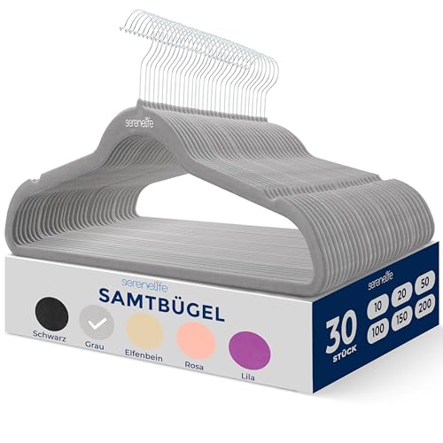 SereneLife Kleiderhaken Grau, Samtbügel 30 Stück, rutschfeste Bügel mit 360° drehbarer Haken für Ihre Garderobe, Platzsparend für Kleideraufbewahrung & Organisation, Clothes Hangers for Home