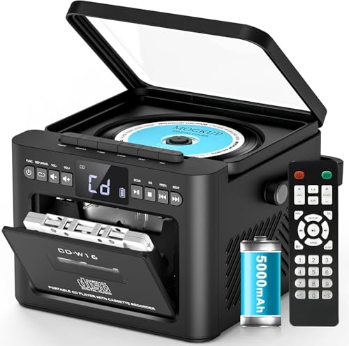 Greadio CD Player Tragbar, Boombox Kassettenspieler mit UKW Radio, Bluetooth 5.1, 5000mAh wiederaufladbare Akku, Fernbedienung, AUX/USB/SD Karte-In, 5W Lautsprecher, LED Bildschirm (Schwarz)