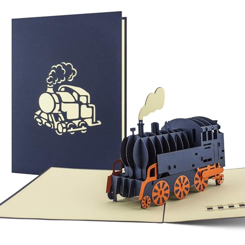 Lokomotive als Pop Up Karte als Geschenk oder Geburtstagskarte für Dampflok-Liebhaber, Glückwunschkarte in 3D, Bahn Geschenkidee, Karte zum Geburtstag, Reisegutschein, Bahnreise, begeistert T09