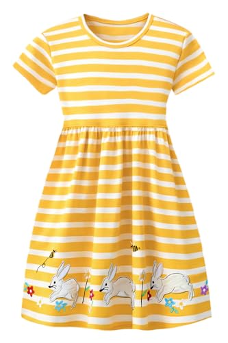 Alleen Prinzessin Kleid Mädchen aus 100% Baumwolle - Bequeme Sommerkleid mit Einhorn-Stickerei für Tägliches Tragen und Feste (110, Gelb)