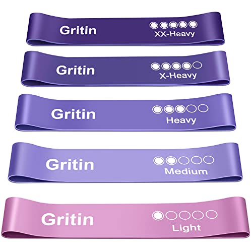 Gritin Fitnessbänder Widerstandsbänder mit 5 Stufen, Latex Fitnessband Resistance mit Deutscher Übungsanleitung & Tragebeutel, Gymnastikband für Muskelaufbau, Yoga - 5er Set