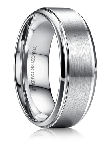 CASSIECA Ringe Herren Wolfram Ringe für Herren Silber Matt Gebürstet Eheringe Verlobungsring Partnerring Trauringe Breit 8MM Größe 63.4
