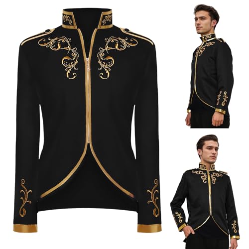 QEKFDOV Herren Prinz Kostüm,Blazer Steampunk Gothic Mantel,Mittelalter Viktorianischen Retro Kleidung,Halloween Cosplaye Frack (Schwarz, M)