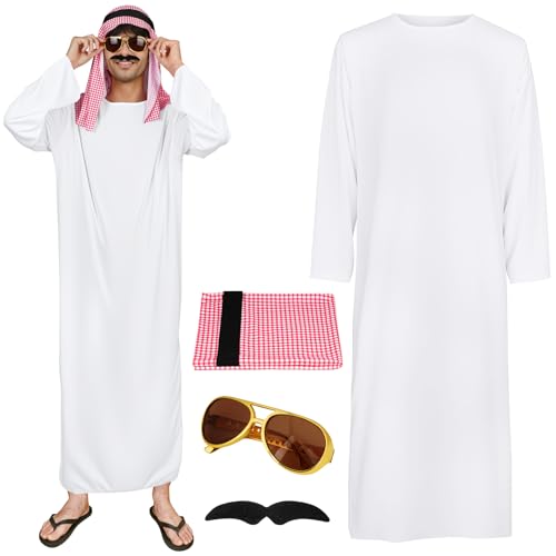 BSBUY Arabischer Scheich Kostüm 4Pcs Herren mit Weißem Arabischem Gewand, Kariertes Kopftuch, Brille und Bart Sheikh Araber Kostüm Cosplay Outfits Faschingskostüme Scheich Arabo Costume