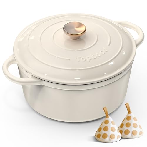 Topbooc Gusseisen Topf Brot Backen, 26cm 5L Dutch Oven Cremeweiß mit Deckel