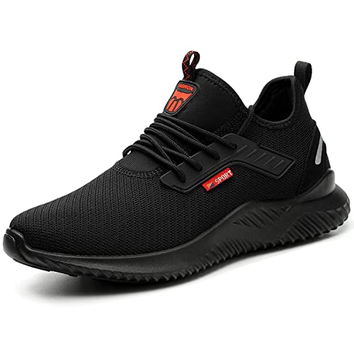 Calish Sicherheitsschuhe Herren Damen Arbeitsschuhe Leicht Stahlkappenschuhe Sportlich rutschfeste Atmungsaktiv Schutzschuhe Stahlkappe Sneaker Schwarz, 44 EU