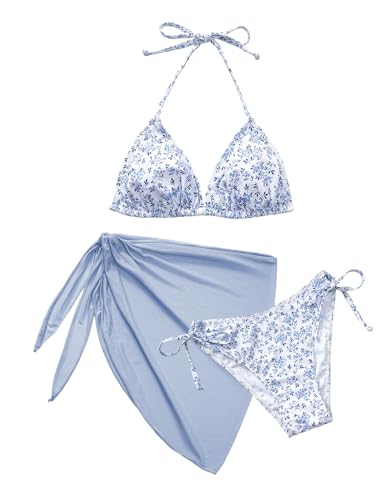 Svanco Cute Bikini Damen Set 3 Teilig mit Blumenmuster - Triangle Neckholder Oberteil, Unterteil Seitlicher Schnürung und Wrap Rock