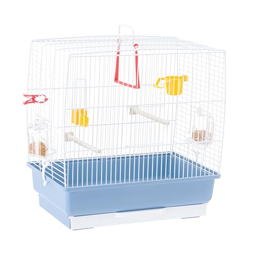 Ferplast Gabbia per piccoli uccelli esotici e canarini REKORD 2 Gabbietta per uccellini, Completa di accessori e mangiatoie girevoli, robusto metallo verniciato Bianco e fondo in plastica Azzurro, 39 x 25 x h 41 cm