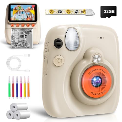 Grutoly Kinderkamera, Sofortbildkamera Kinder, 48MP 3.0 Zoll Bildschirm Kinderkamera Sofortbildkamera mit 32G Karte, Druckpapier & Farbigen Stiften, Geschenke für Mädchen und Jungen von 3-12 Jahre
