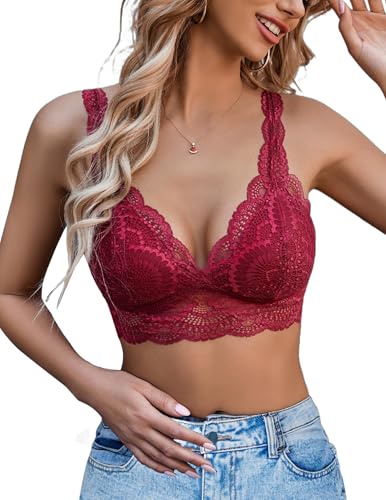 Avidlove Spitze Damen BH Sexy Everyday Bra Ohne Bügel BHS V-Ausschnitt Atmungsaktiv Bralette Vollschalen Minimizer Bras Lace BH-Unterwäsche,RotS