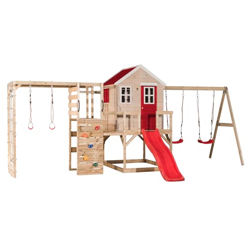 Wendi Toys M28-G Stelzenhaus mit Rutsche, Doppelschaukel und Kletterwand aus FSC-Holz, Spielhaus Kinder Outdoor Garten mit Plattform 90, 120 cm, Kletternetz, Turnringe, 342×563×242 cm