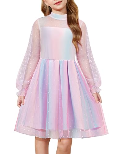 Arshiner Kleider Mädchen Rosa Farbverlauf Mesh-Puff Langarmkleid A-Linie Partykleid Kinder Festliches Kleid Elegant Herbstkleid Mode Geburtstagskleid Kinderkleidung 6-7 Jahre