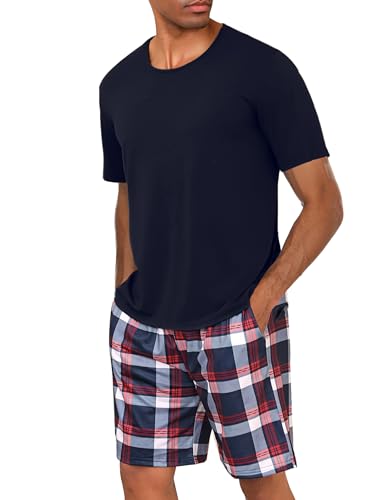 Uniexcosm Schlafanzug Herren Baumwolle Kurz Zweiteiliger Pyjama Set Nachtwäsche Kurzarm Oberteil und Karierte Schlafanzughose Hausanzug Sleepwear A:Dunkelblau XL