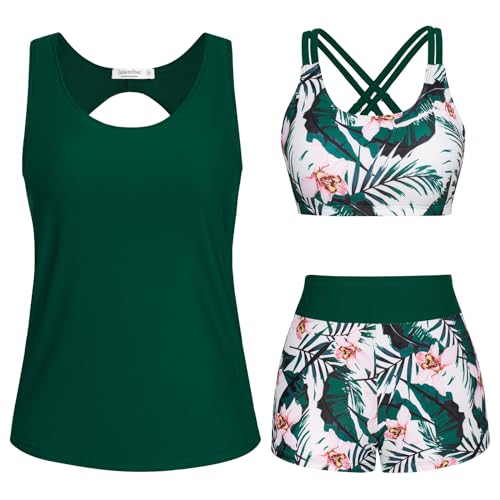 JASAMBAC 3-Teiliger Tankini Damen Set Bikini Damen Bauchweg,Push-Up-Bikinioberteil Und High Waist Badeshorts, Einfache Badebekleidung, Sport-Badeanzug, Badebekleidung FüR Schwimmbad, Strand