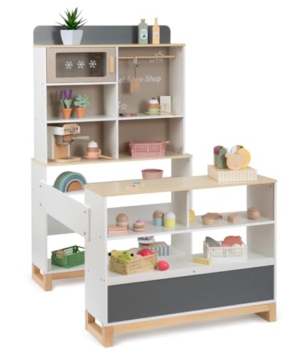 Ella & Piet® Kaufmannsladen Vendy mit Kuchenauslage und Eisfach aus Holz (Weiß-Schlamm) Kaufladen Verkaufsstand für Kinder