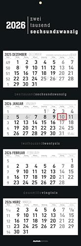Alpha Edition 4-Monatskalender Black 2026 – Wandkalender 33×100 cm mit 4 Monaten im Überblick & Datumsschieber, faltbarer Büro- & Planungskalender für Homeoffice, Arbeit & Organisation