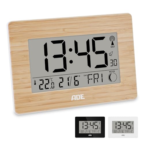 ADE Große Funkuhr digital mit XXL-Ziffern | Tischuhr mit Kalender und Wochentag | Digitale Uhr mit Temperaturanzeige | Funkwecker digital mit Batterie | Gehäuse mit echtem Bambus