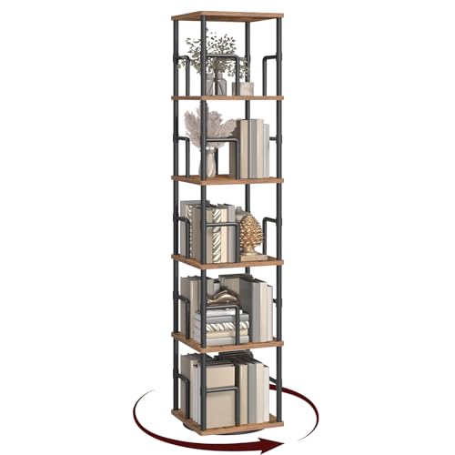 MAHANCRIS Bücherregal mit 5 Ebenen, Drehregal Regal mit Buchstützen, 30 x 30 x 158,7 cm, Standregal für Kleine Räume, Industrie-Design, für Wohnzimmer, Schlafzimmer, Braun und Schwarz ABKHR1601