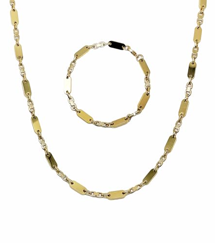 T TAKONE Edelstahl Plattenkette Set für Herren – 60 cm Halskette und Passendes Armband, Stilvolle Steigbügelkette in Hochwertigem Design (Gold)