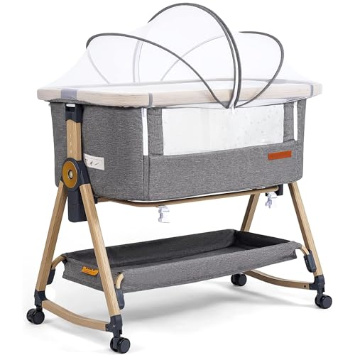 Maydolly 3-in-1 Baby Beistellbett – Vielseitiges Beistellbett, Reisebett & Stubenwagen inklusive Matratze & Moskitonetz – Höhenverstellbar mit Rollen, klappbar und mit Tragetasche – Grau