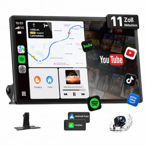 LAMTTO 11 Zoll Wireless CarPlay Display mit YouTube TikTok Video-Apps,Tragbares Autoradio für Apple CarPlay&Android Auto mit Rückfahrkamera/Navigation/In-Cell Touchscreen/Sprachassistent/OTA/Bluetooth