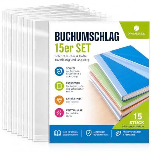 15x Buchumschlag DIN A4 transparent - Buchhülle & Umschlag durchsichtig & klar- für Bücher, Hefte, Buchschoner & Hefthülle