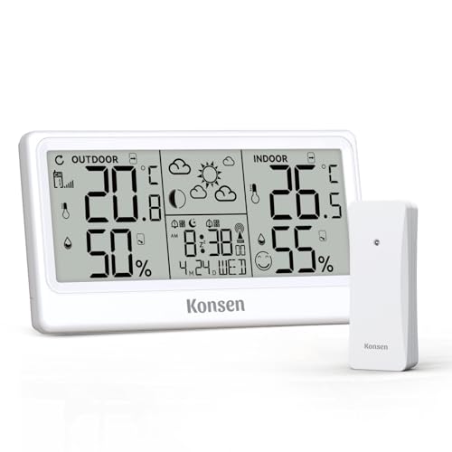 Konsen Funk-Wetterstation mit Außensensor – DCF Funkuhr, Digitales Thermo-Hygrometer (Batteriebetrieb) für Innen/Außen mit Wetterprognose, in Weiß