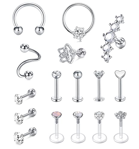 Rajnard 16-stk Tragus & Helix Piercing Set - Chirurgenstahl Silber Knorpel Ohrstecker & Ohrringe 16G CZ Barbell & Labret Monroe Schmuck für Damen & Männer