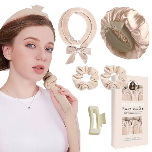 Locken Ohne Hitze,Samt Lockenwickler Über Nacht mit Schlafmütze, Hair Curler DIY Haare Lockenband Frisurenset,Lockenwickler Über Nacht,Heatless Curls Band für Langes Mittleres Haar-Khaki