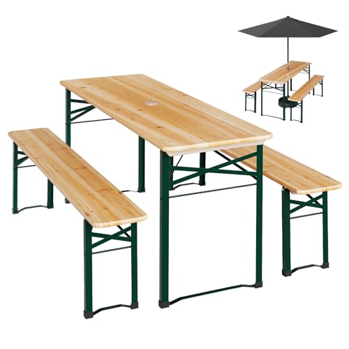 WOLTU Bierzeltgarnitur 3-teilig Biertisch & 2 Bierbank Holz Biertischgarnitur Klappbar Holztisch & Bierbänke Festzeltgarnitur Gartenmöbel Set für Geburtstag Grill Party Garten