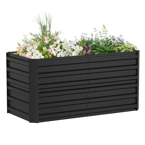 LZQ Hochbeet Metall,975L Pflanzkasten Hochbeete für Garten,Rostfreies Stahlblech Kräuterbeet, Verzinktes Gemüsebeet Pflanzenbeet zum Anbau von Gemüse, Blumen, 180x90x58 cm Rechteckigl,Schwarz M