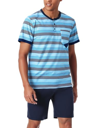 Jezonga Herren Schlafanzug Kurz Baumwolle Nightwear Set Pyjama Shorty Sommer Schlafanzüge Männer Kurzarm Nachtwäsche mit Knopfleiste D#Blau L