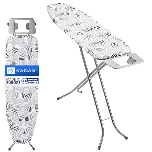 KADAX Bügelbrett 114x34cm Bügelfläche, Klappbares Dampfbügelbrett mit Metallgitter, Bügeleisenablage & 5mm Polsterung, höhenverstellbar, mit Antirutschfüßen, Made in EU (Grau)