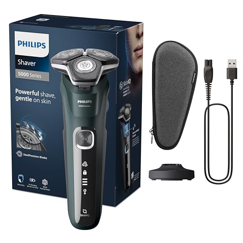 Philips Shaver Series 5000 – Elektrischer Nass- und Trockenrasierer, Rasierer für Herren, mit ausklappbarem Trimmer, Ladestation & Reiseetui (Model S5884/35)