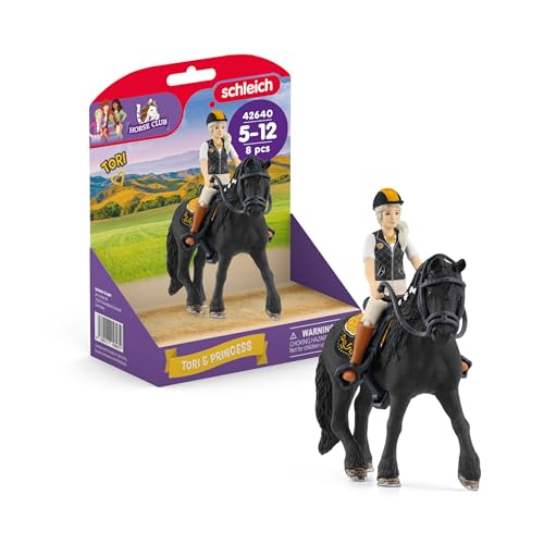 SCHLEICH Horse Club | Tori & Princess 42640 | bewegliche Mädchenfigur mit Pferd, Sattel, Zaumzeug & Satteldecke | detailgetreues Pferde Spielset | Geschenk für Kids | Spielzeug ab 5 Jahren | 8 Teile