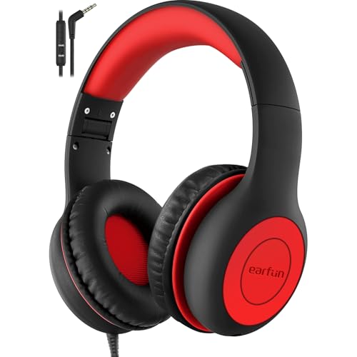 EarFun Kinder Kopfhörer mit 3,5 mm Kabel, Lautstärkebegrenzung, Schwarz-rot